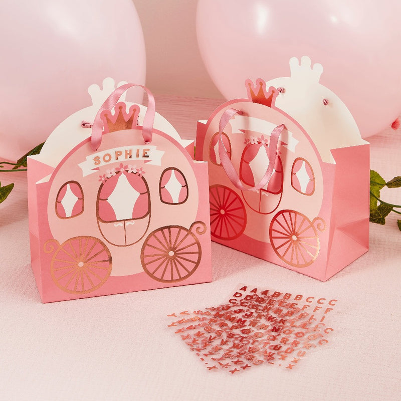 Princess Carriage Party Bags with Personalised Sticker Sheets (x4)