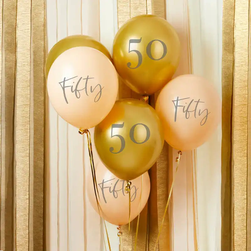 Gold & Nude 50th Birthday Latex Balloons (x6) Milestone