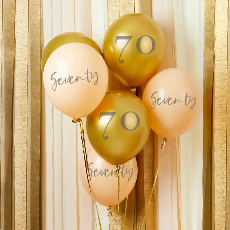 Gold & Nude 70th Birthday Latex Balloons (x6) Milestone