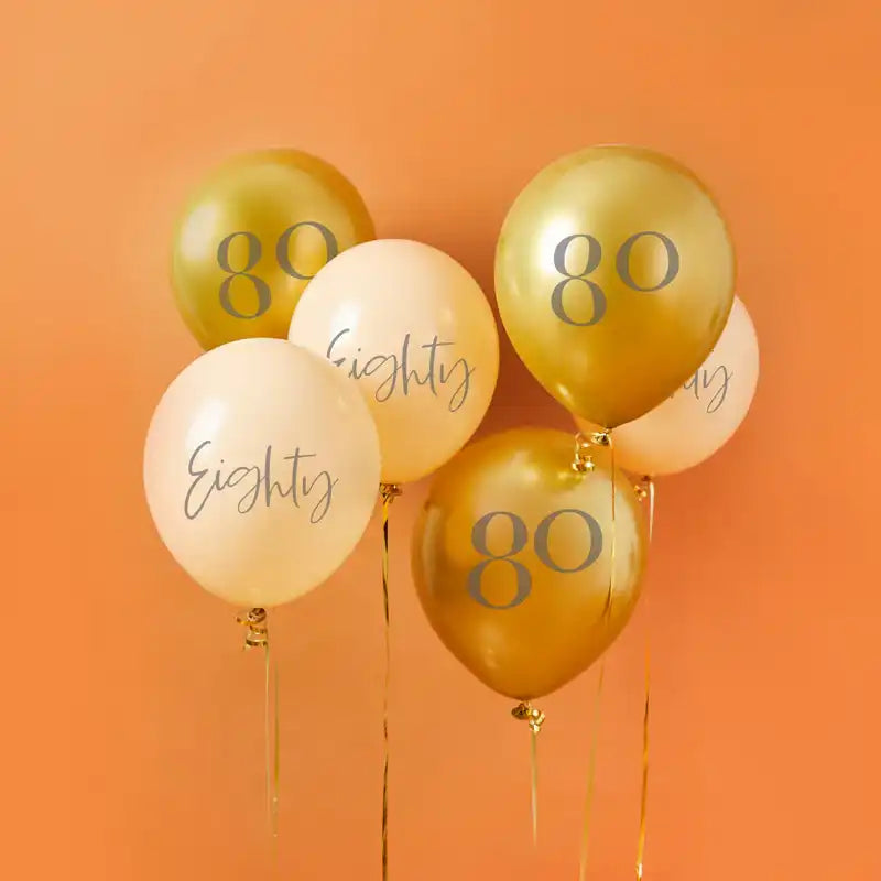 Gold & Nude 80th Birthday Latex Balloons (x6) Milestone