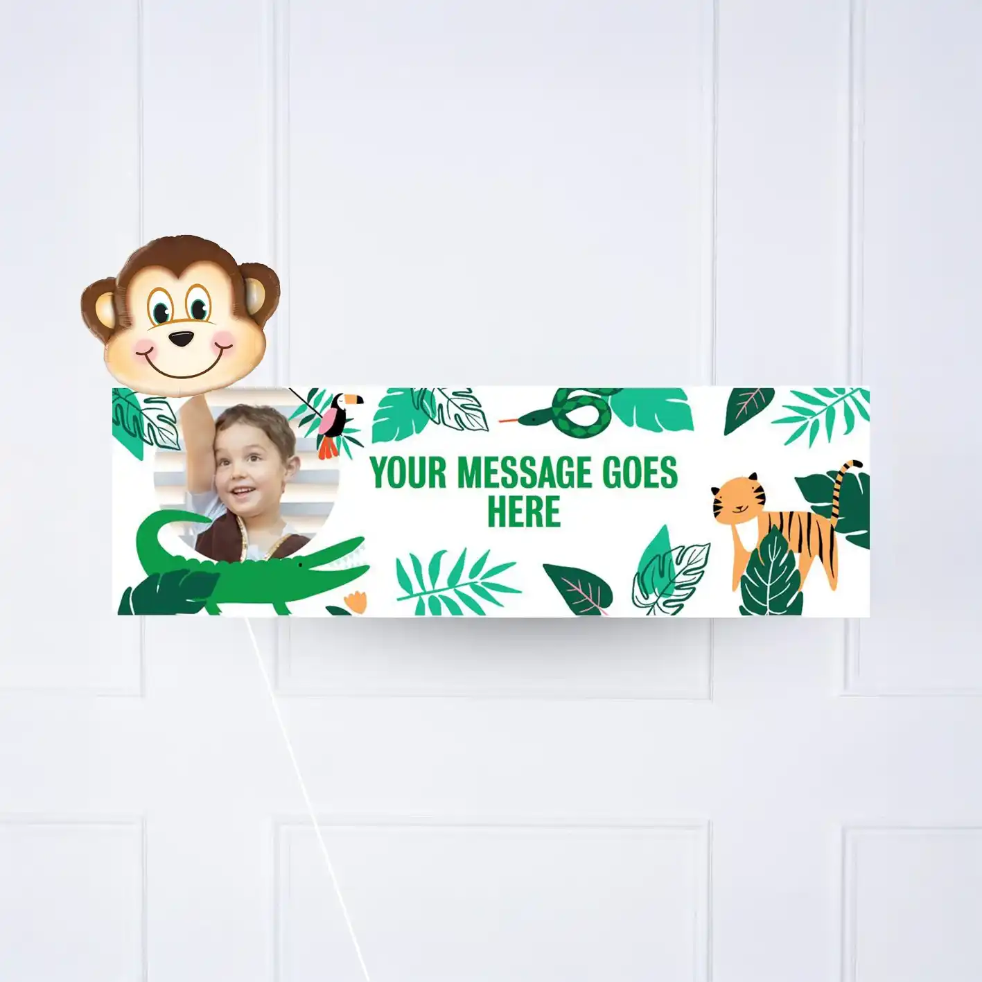 Go Wild Jungle Personalised Party Banner Yes Yes add Monkey balloon Personalised Banner