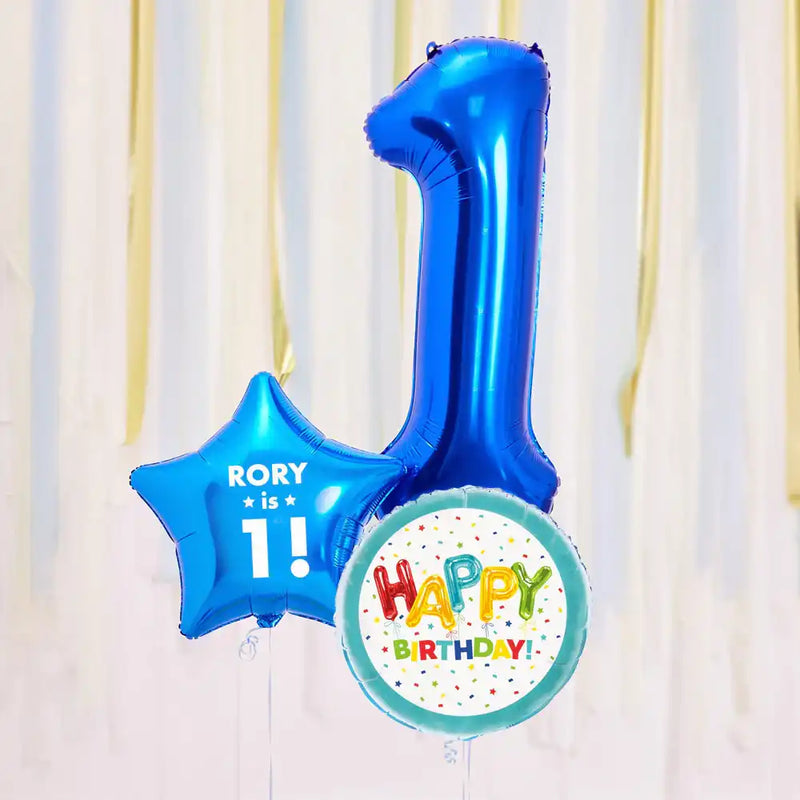 Personalised 1st Birthday Inflated Balloon Bunch – Blue Personalised Balloons
