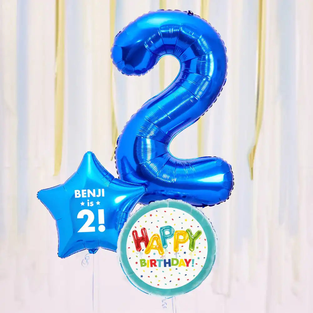 Personalised 2nd Birthday Inflated Balloon Bunch – Blue Personalised Balloons