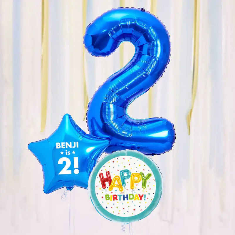 Personalised 2nd Birthday Inflated Balloon Bunch – Blue Personalised Balloons