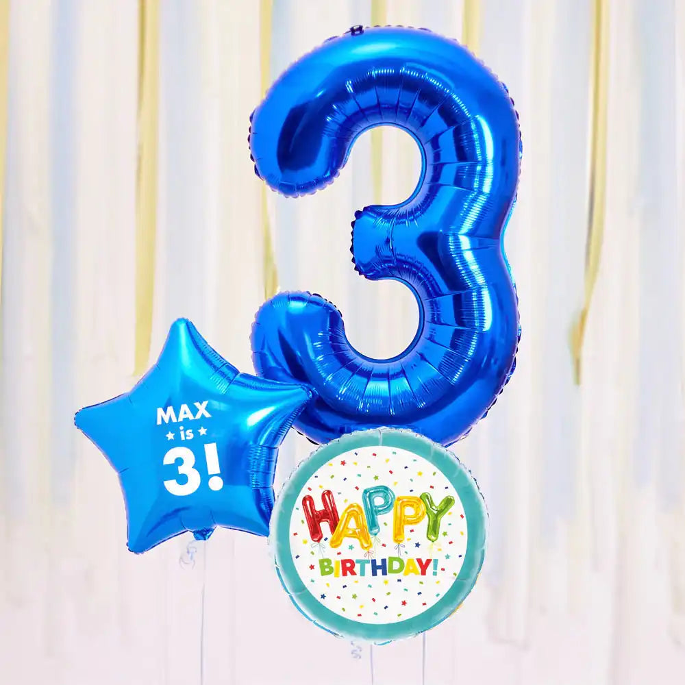 Personalised 3rd Birthday Inflated Balloon Bunch – Blue Personalised Balloons