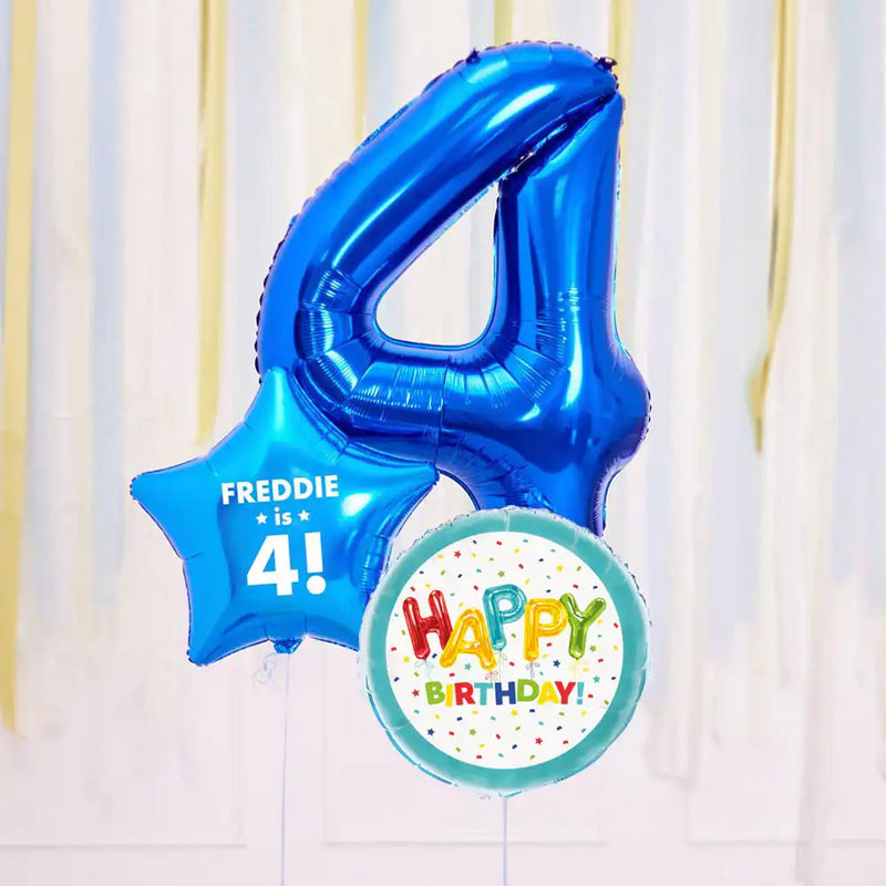 Personalised 4th Birthday Inflated Balloon Bunch – Blue Personalised Balloons