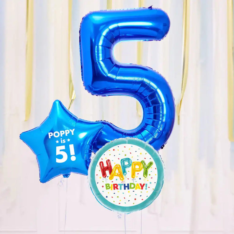 Personalised 5th Birthday Inflated Balloon Bunch – Blue Personalised Balloons