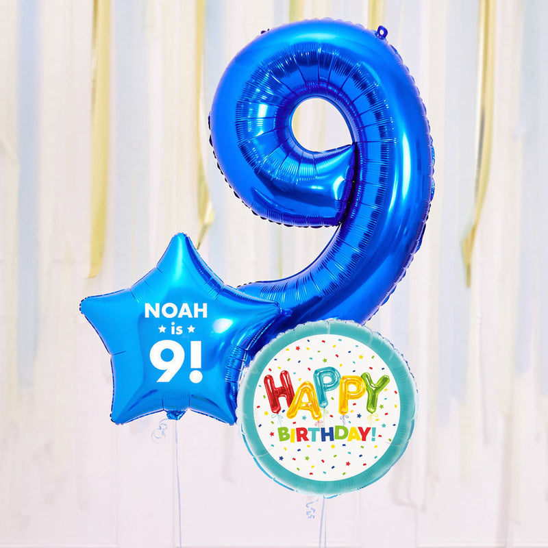 Personalised 9th Birthday Inflated Balloon Bunch – Blue