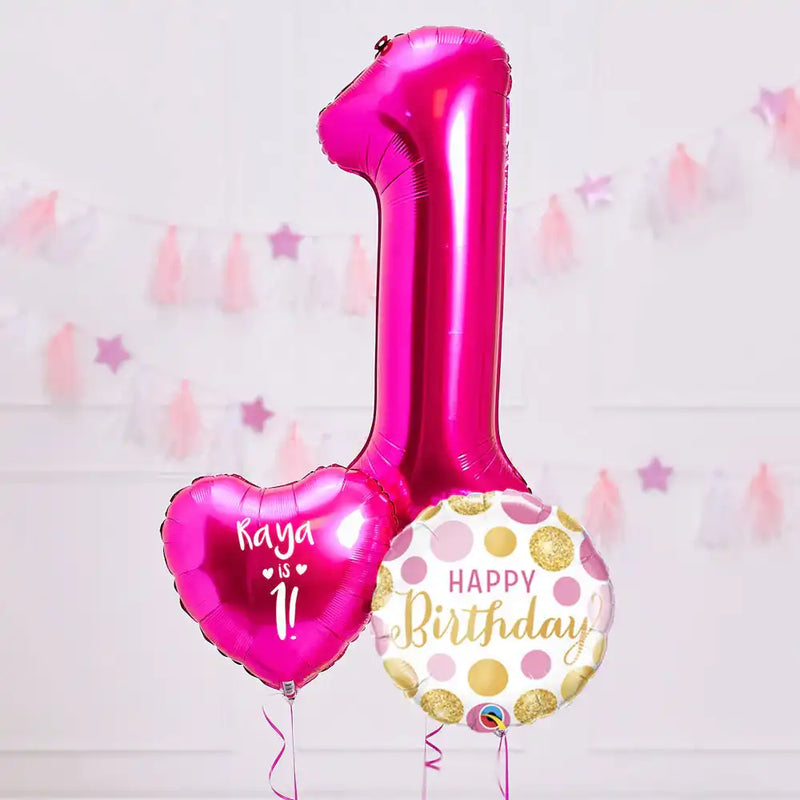 Personalised 1st Birthday Inflated Balloon Bunch – Pink Personalised Balloons