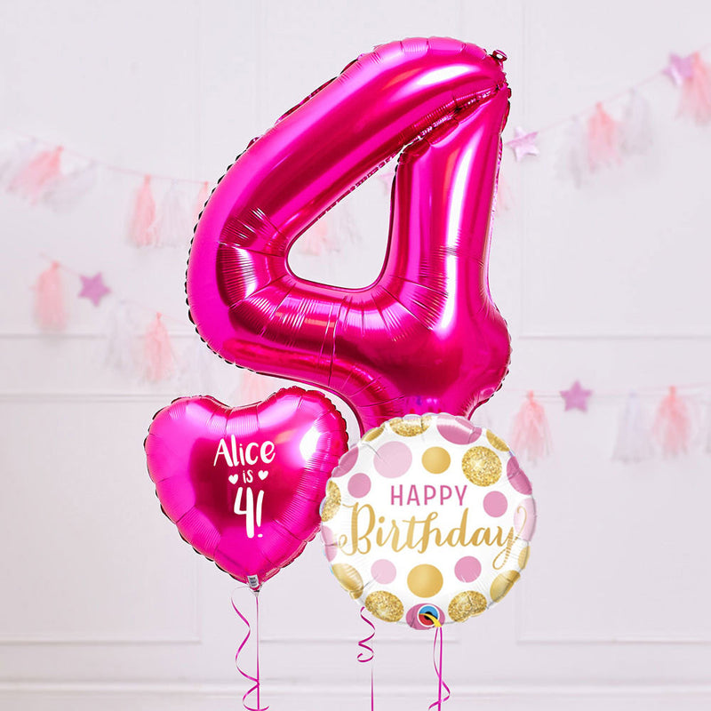 Personalised 4th Birthday Inflated Balloon Bunch – Pink