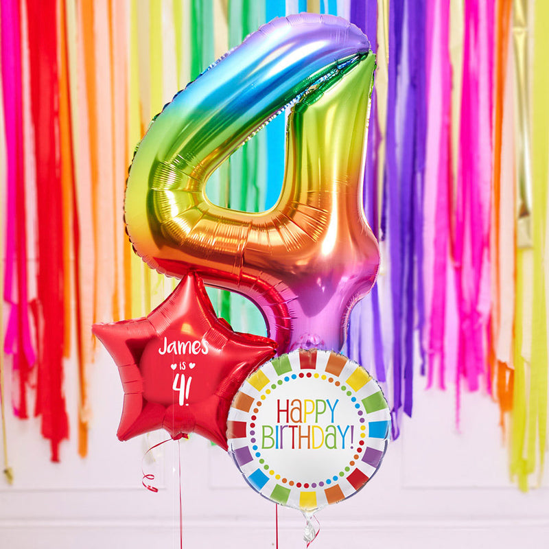 Personalised 4th Birthday Inflated Balloon Bunch – Rainbow