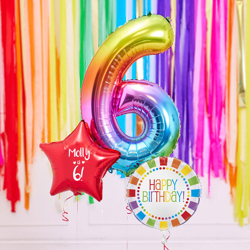 Personalised 6th Birthday Inflated Balloon Bunch – Rainbow