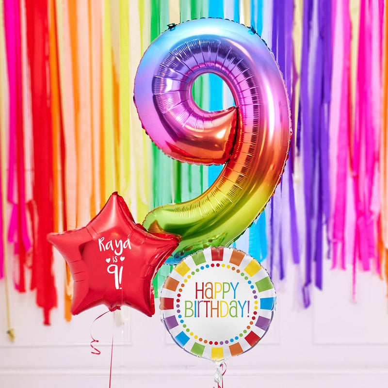 Personalised 9th Birthday Inflated Balloon Bunch – Rainbow