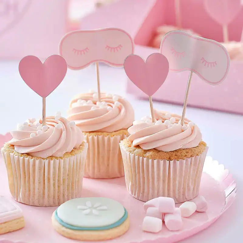 Pink Eye Mask & Heart Shaped Cupcake Toppers (x12) Kids Party