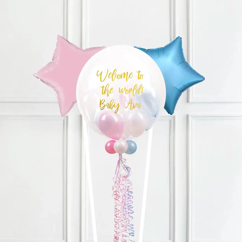 Personalised Bubble Balloon in a Box – Pastel Baby Mini Balloons 2 Extra Balloons Personalised Balloons
