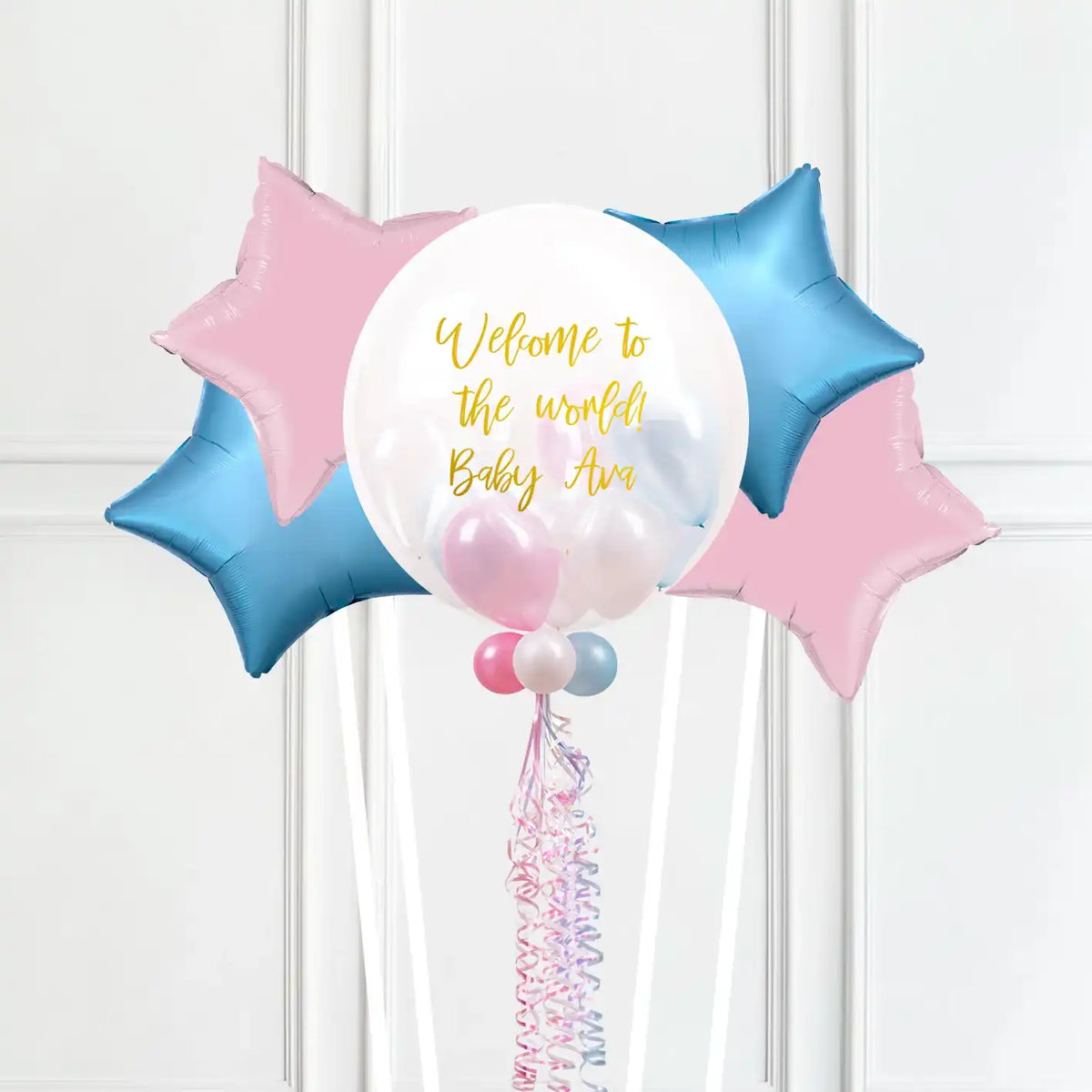 Personalised Bubble Balloon in a Box – Pastel Baby Mini Balloons 4 Extra Balloons Personalised Balloons