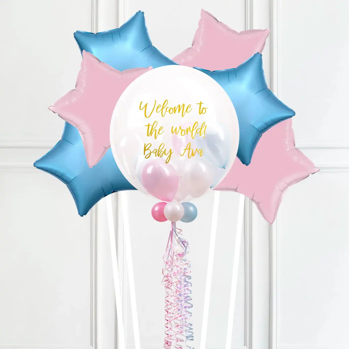 Personalised Bubble Balloon in a Box – Pastel Baby Mini Balloons 6 Extra Balloons Personalised Balloons