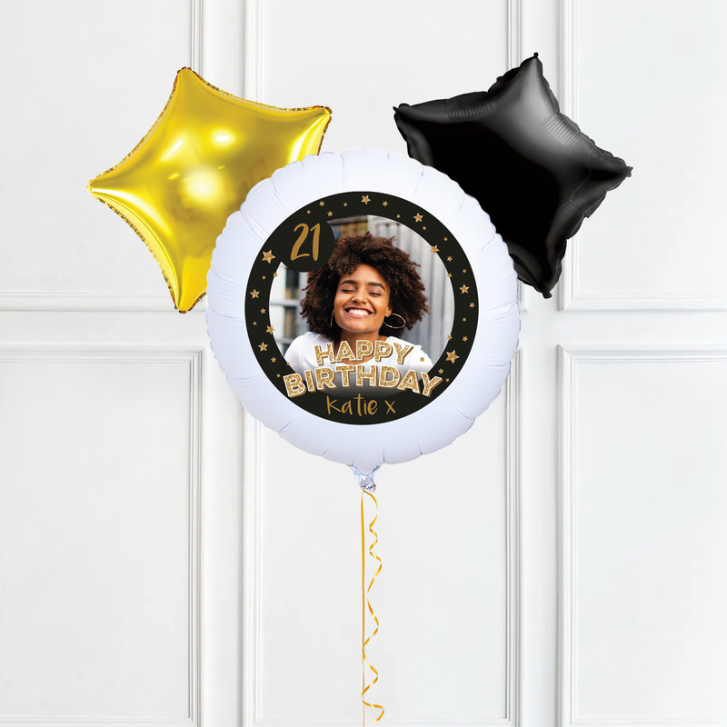 Personalised Photo Balloon - Any Age Birthday: Black & Gold Stars