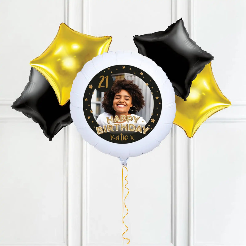 Personalised Photo Balloon - Any Age Birthday: Black & Gold Stars Single Photo 4 Balloons Personalised Balloons