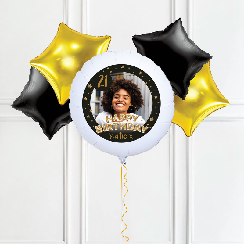 Personalised Photo Balloon - Any Age Birthday: Black & Gold Stars