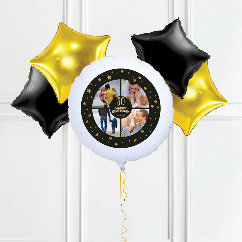 Personalised Photo Balloon - Any Age Birthday: Black & Gold Stars