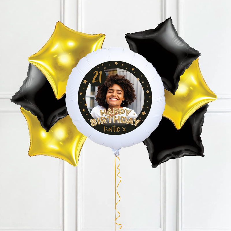 Personalised Photo Balloon - Any Age Birthday: Black & Gold Stars