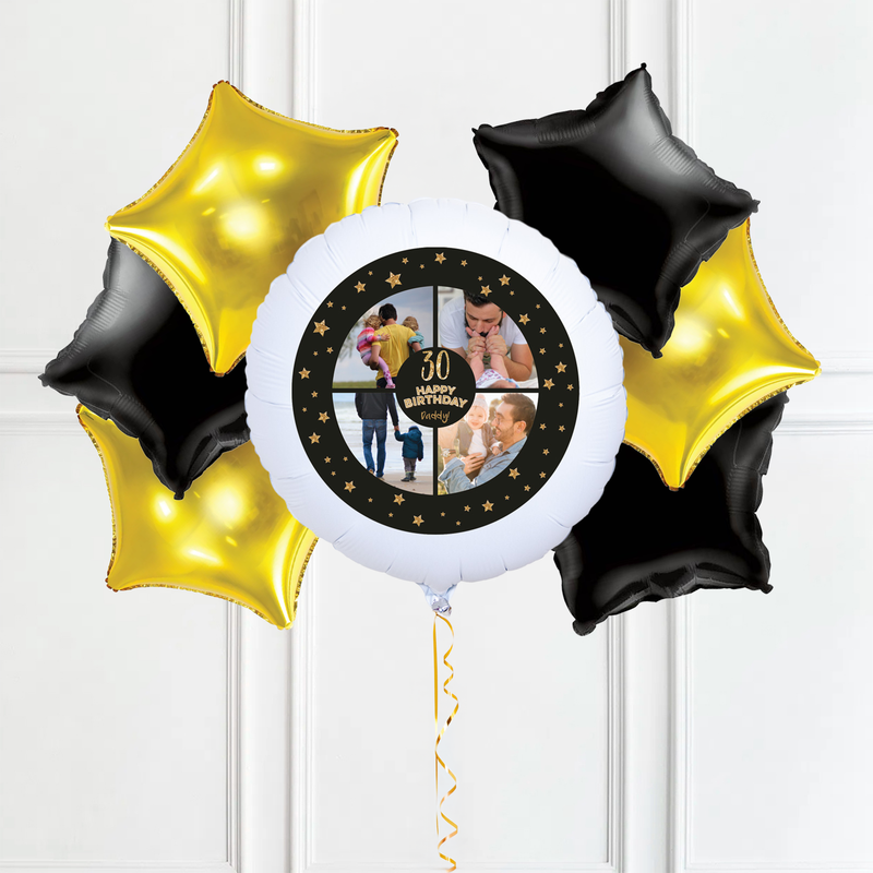 Personalised Photo Balloon - Any Age Birthday: Black & Gold Stars
