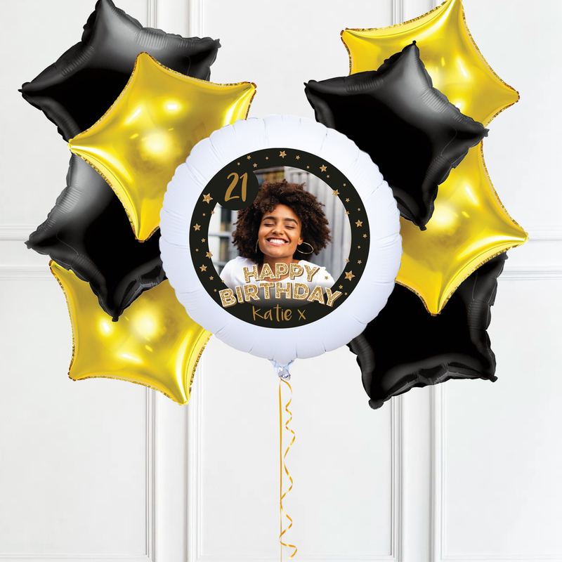 Personalised Photo Balloon - Any Age Birthday: Black & Gold Stars