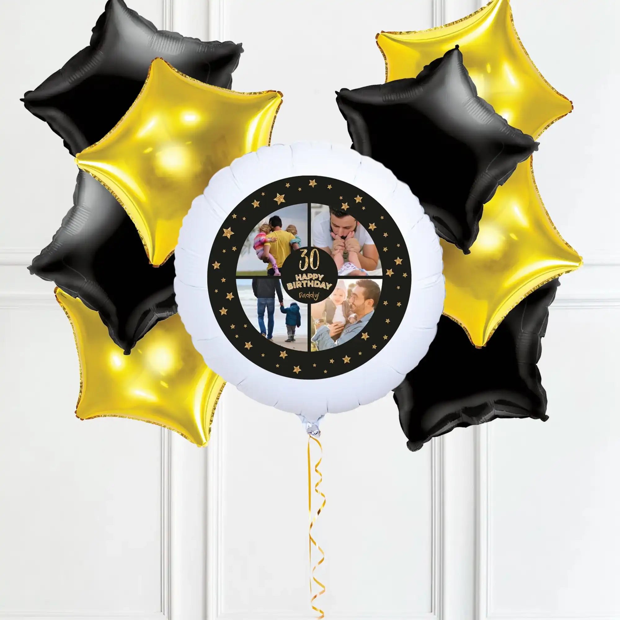 Personalised Photo Balloon - Any Age Birthday: Black & Gold Stars Multi Photo 8 Balloons Personalised Balloons