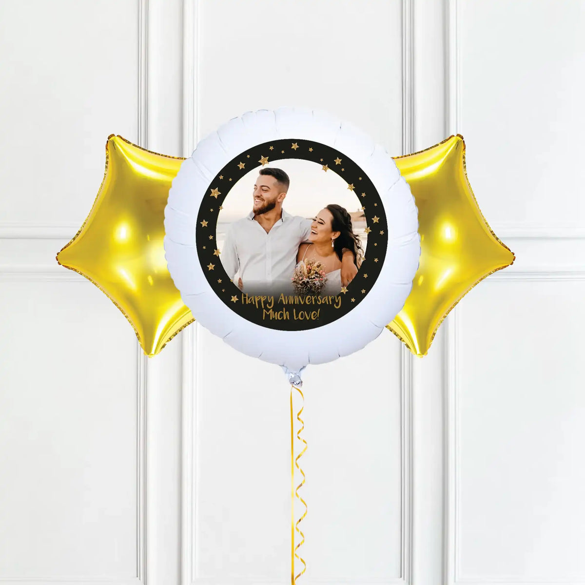 Personalised Photo Balloon – Black & Gold Stars Single Photo 2 Balloons Personalised Balloons