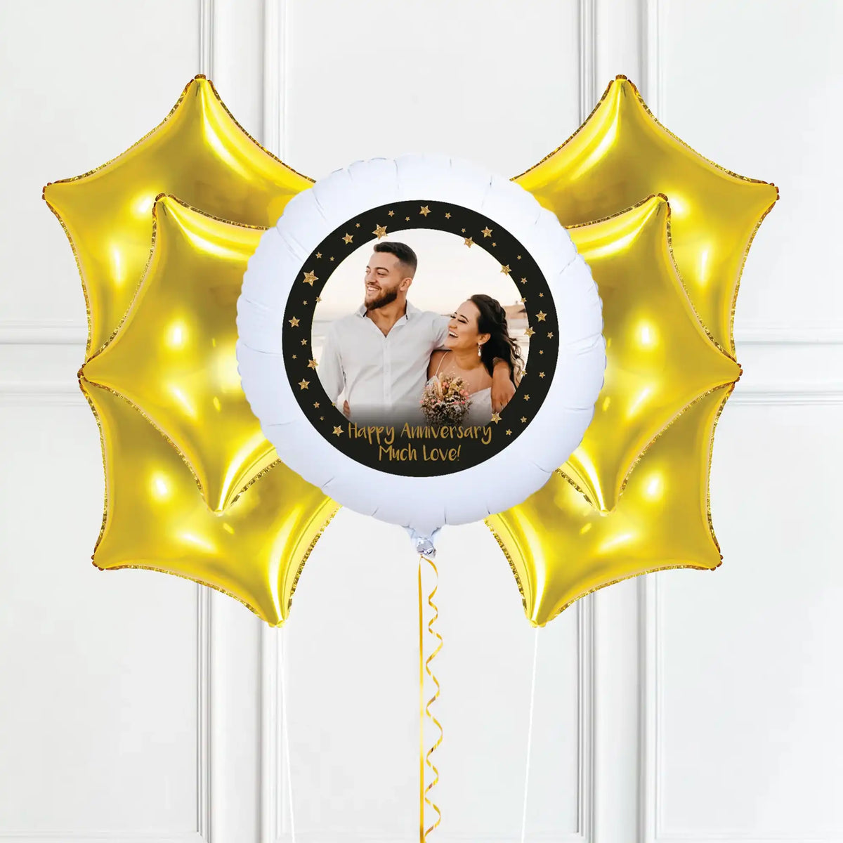 Personalised Photo Balloon – Black & Gold Stars Single Photo 6 Balloons Personalised Balloons