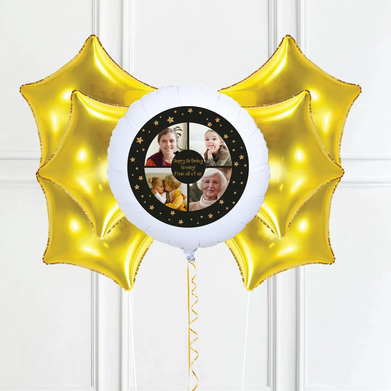 Personalised Photo Balloon – Black & Gold Stars Multi Photo 6 Balloons Personalised Balloons