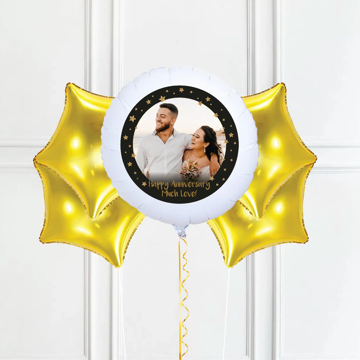 Personalised Photo Balloon – Black & Gold Stars Single Photo 4 Balloons Personalised Balloons