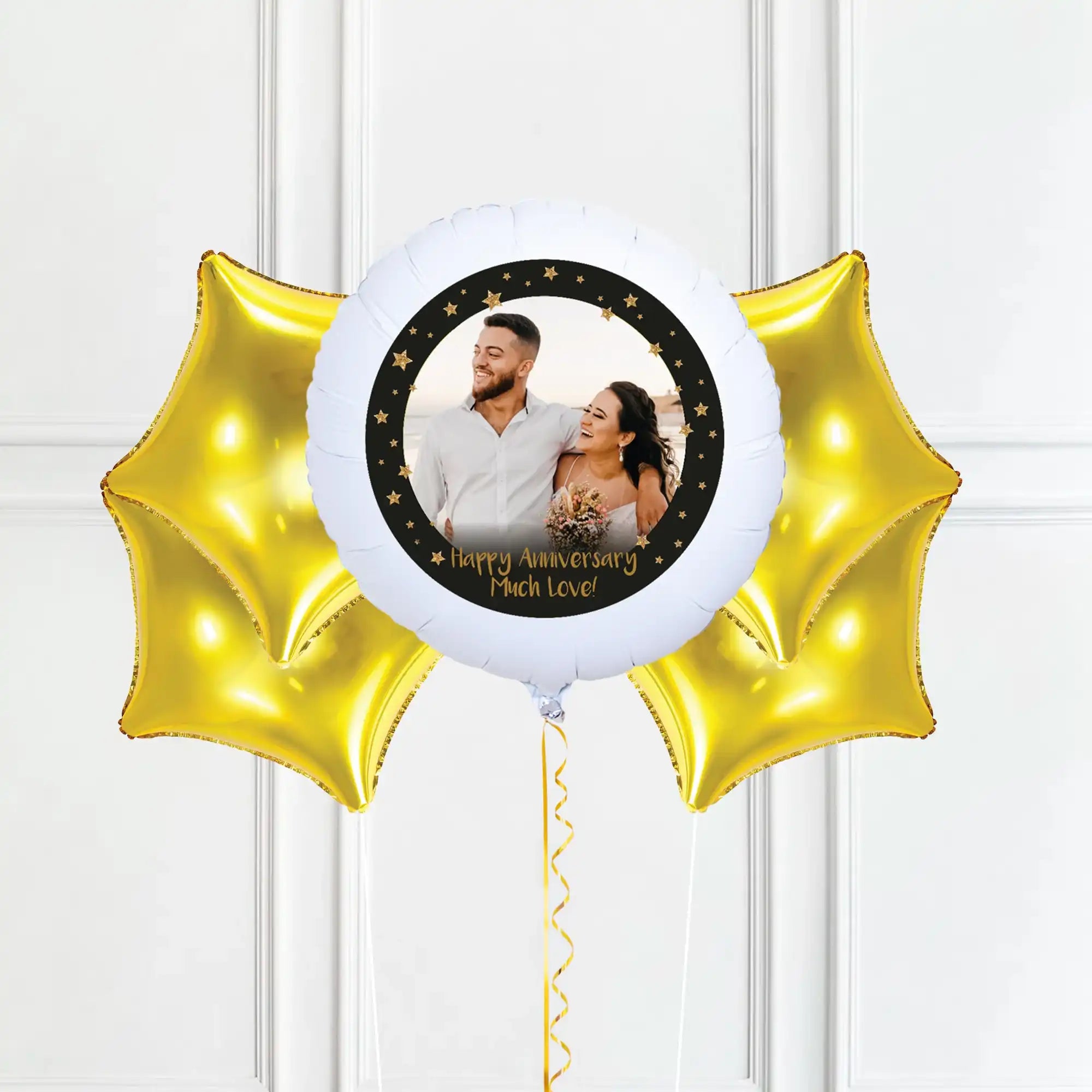 Personalised Photo Balloon – Black & Gold Stars Single Photo 4 Balloons Personalised Balloons