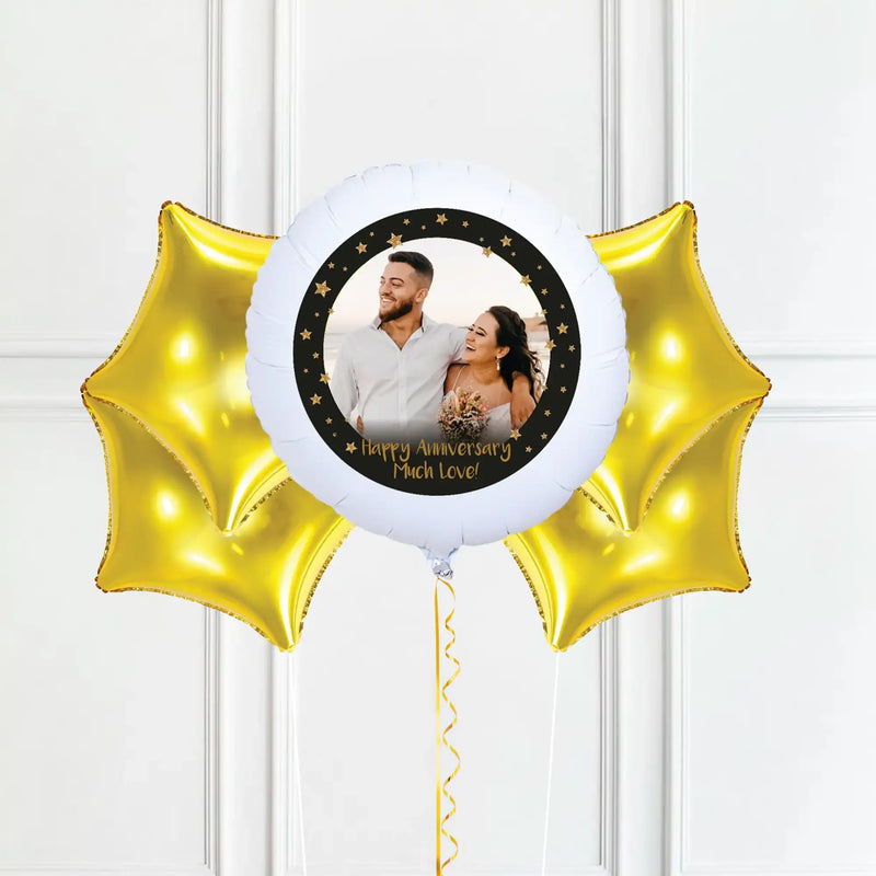 Personalised Photo Balloon – Black & Gold Stars Single Photo 4 Balloons Personalised Balloons