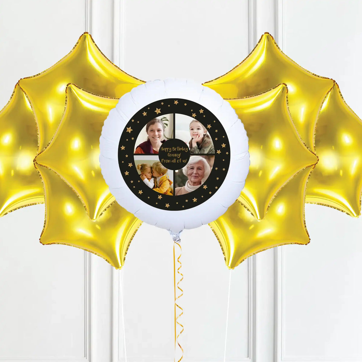 Personalised Photo Balloon – Black & Gold Stars Multi Photo 8 Balloons Personalised Balloons