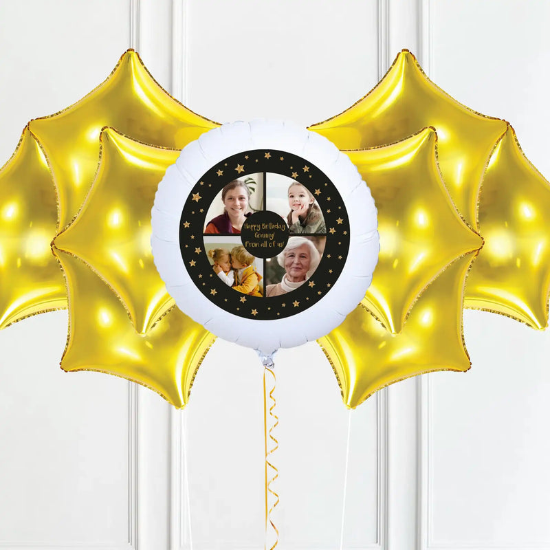 Personalised Photo Balloon – Black & Gold Stars Multi Photo 8 Balloons Personalised Balloons