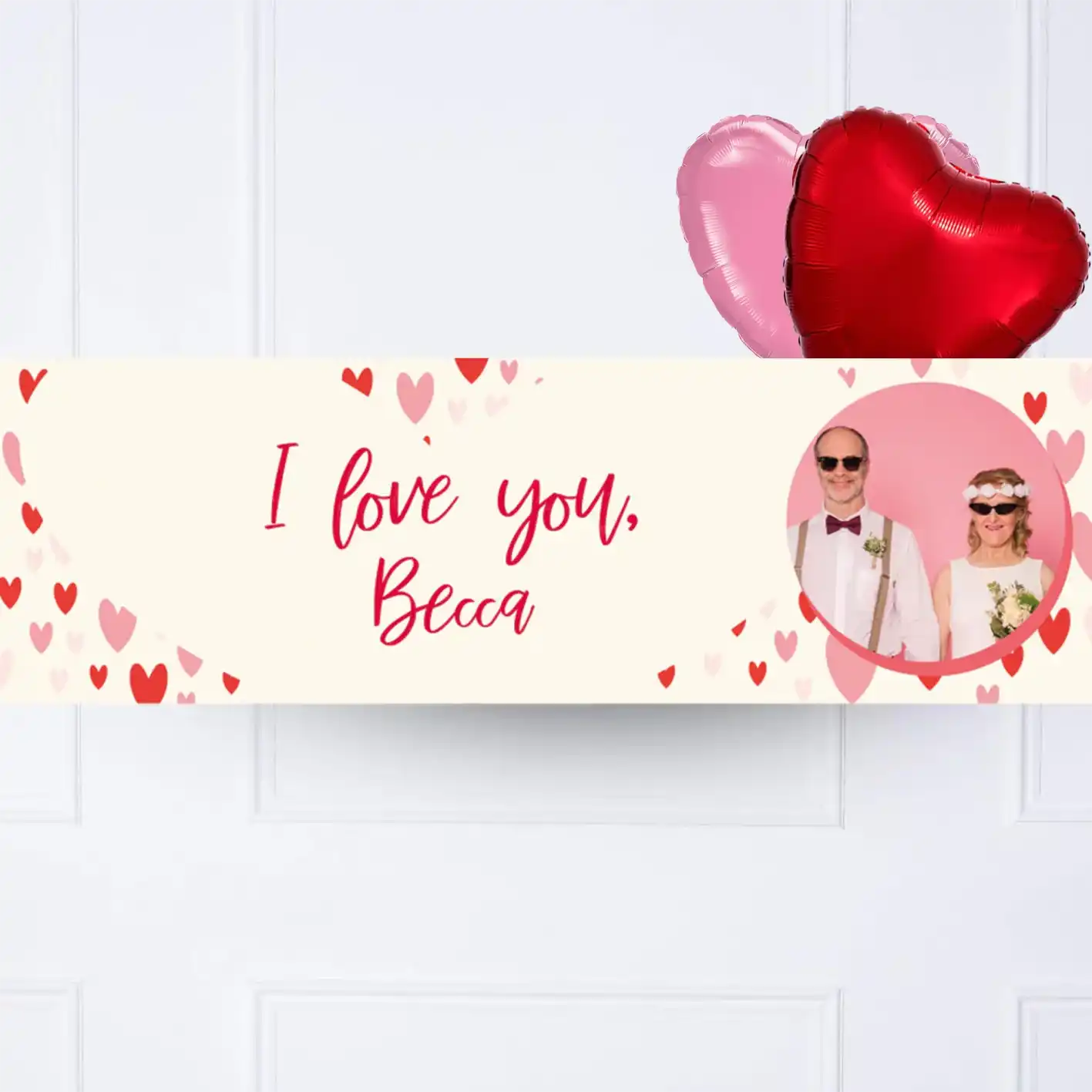 Heart Confetti Personalised Party Banner Photo and Message 2 Balloons Personalised Banner