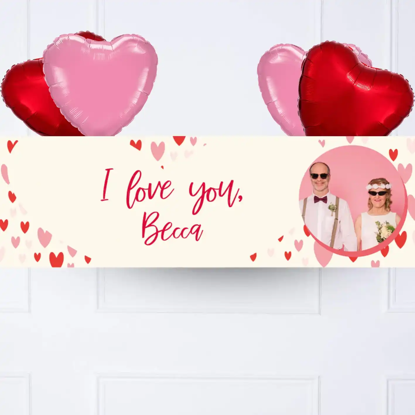 Heart Confetti Personalised Party Banner Photo and Message 4 Balloons Personalised Banner