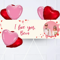 Heart Confetti Personalised Party Banner Photo and Message 6 Balloons Personalised Banner