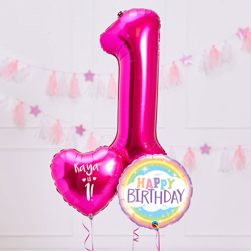 Personalised 1st Birthday Inflated Balloon Bunch – Pink