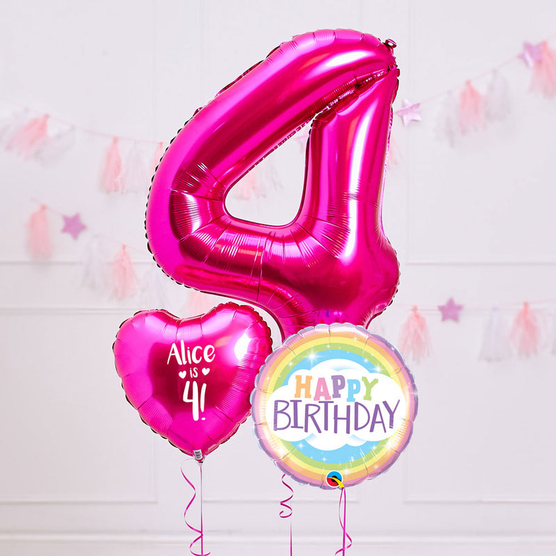Personalised 4th Birthday Inflated Balloon Bunch – Pink
