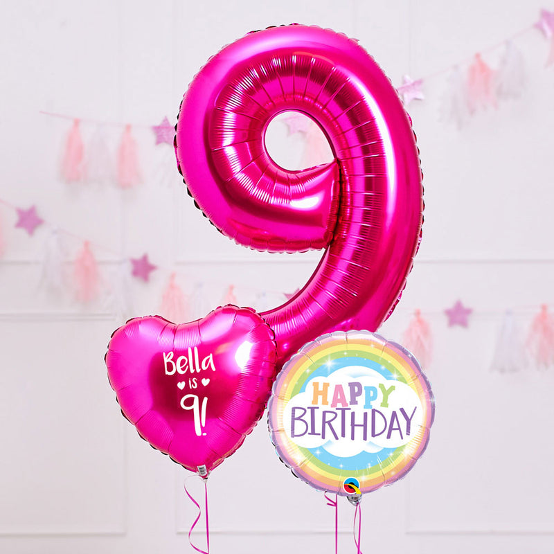 Personalised 9th Birthday Inflated Balloon Bunch – Pink