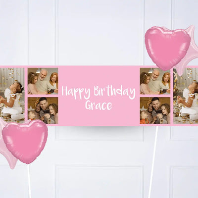 Coloured Collage Personalised Party Banner Pink 4 Balloons Personalised Banner