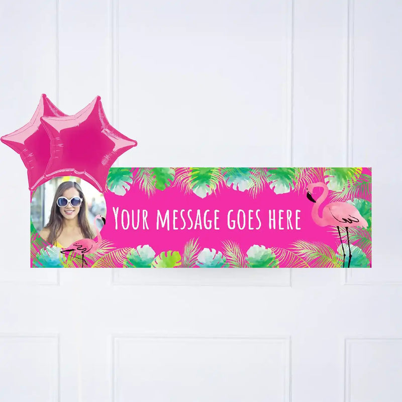 Pink Palm Leaf Flamingo Personalised Party Banner Yes 2 Balloons Personalised Banner