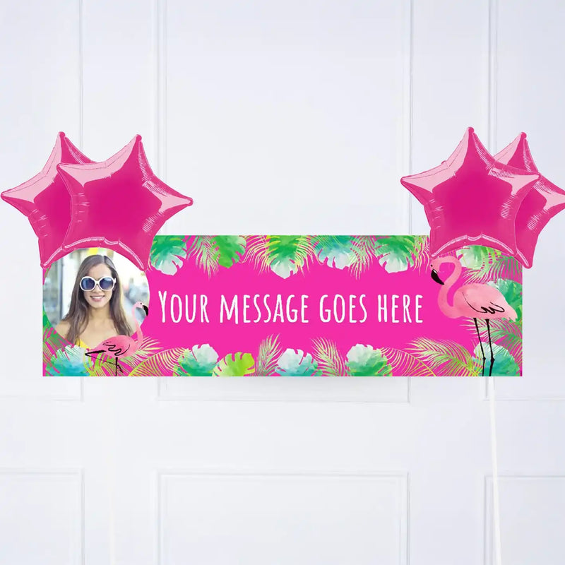 Pink Palm Leaf Flamingo Personalised Party Banner Yes 4 Balloons Personalised Banner