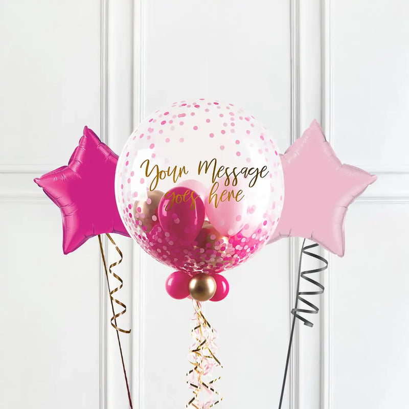 Personalised Bubble Balloon in a Box - Pink Gold Luxe 2 extra Balloons Personalised Balloons