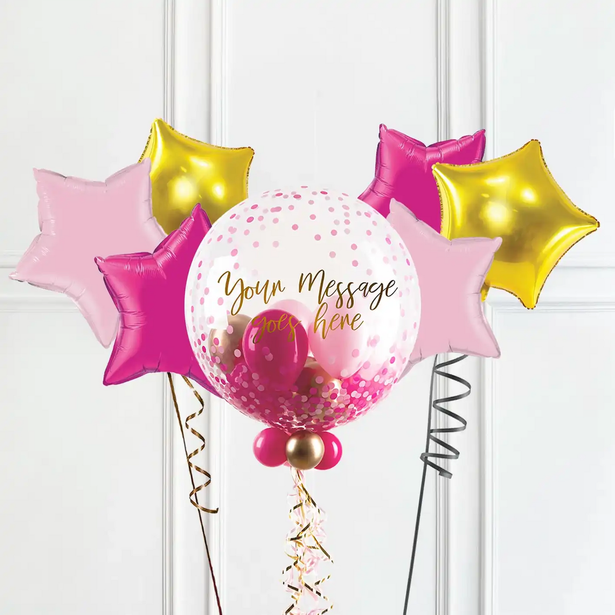 Personalised Bubble Balloon in a Box - Pink Gold Luxe 6 Extra Balloons Personalised Balloons