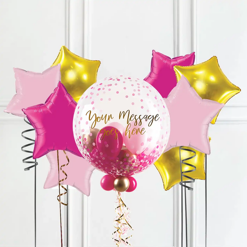 Personalised Bubble Balloon in a Box - Pink Gold Luxe 8 Extra Balloons Personalised Balloons