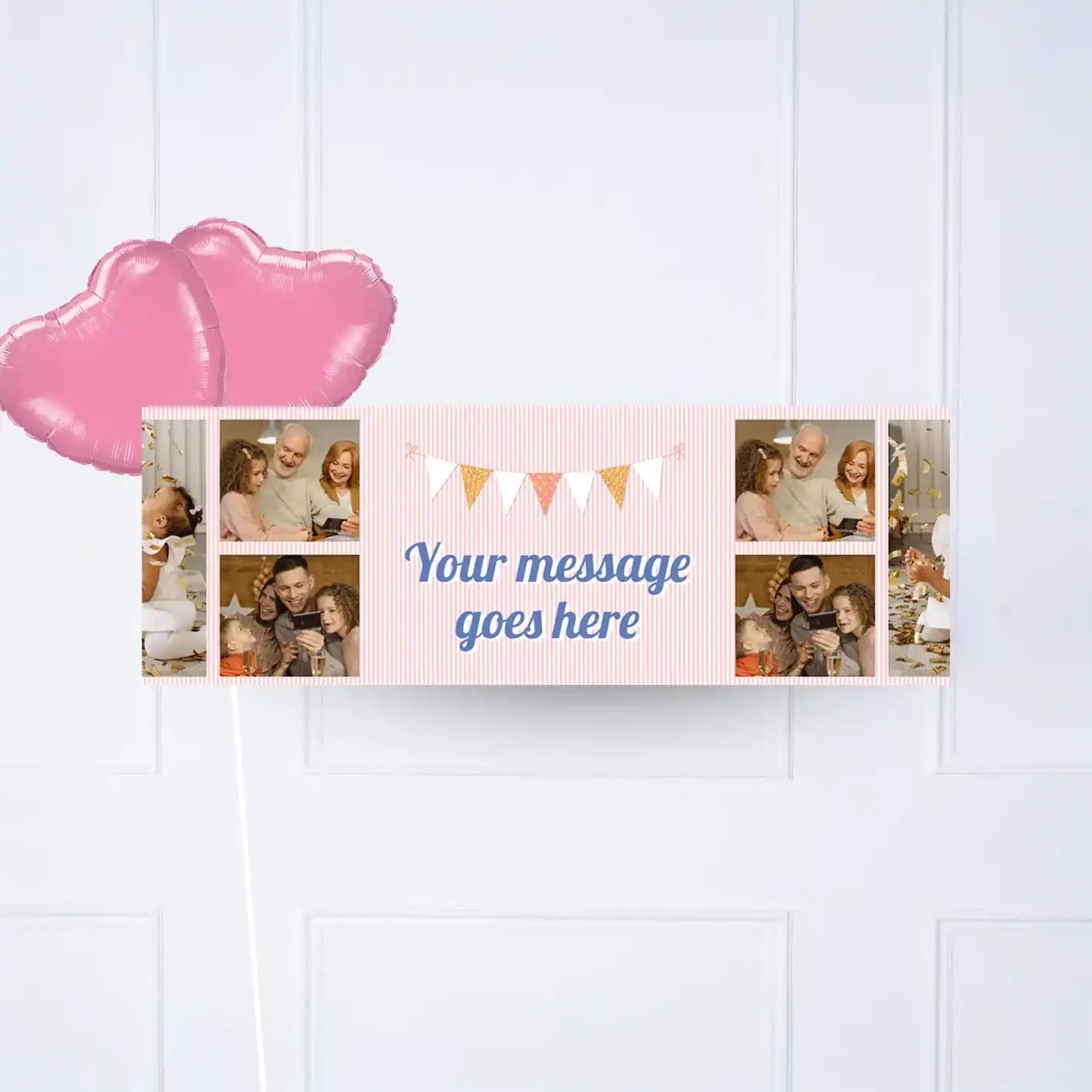 Pink Stripe Bunting Personalised Party Banner 2 Balloons Personalised Banner